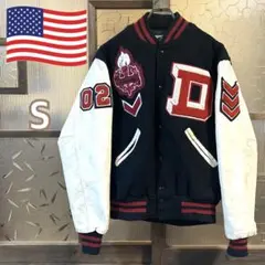 80s USA製　フェイクレザー　中綿スタジャン　ブルゾン　Sブラック　ベージュ