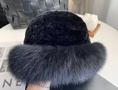 新品限定 上質フォックスと上品なレッキスの編込みハット 黒★毛皮ファー