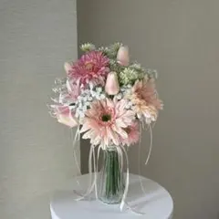 38.【ブートニア付】ウェディングブーケ　リボン　アーティシャルフラワー造花