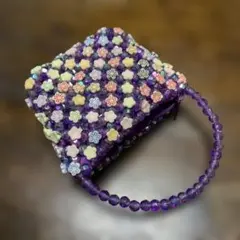 ビーズミニバッグ パープル 花モチーフ ハンドバッグ