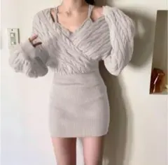 GRL　グレイル　カシュクールニットミニワンピース　オフベージュ