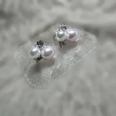 ダブルパール ビジューピアス ホワイト ピンク パーティ