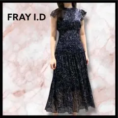 美品✨FRAY I.D シフォンプリーツプリントワンピース 紺 ロング 総柄近年
