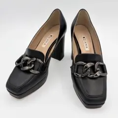 ダイアナ チェーン パンプス 黒 スクエアトゥ ブロックヒール 美品　22.5