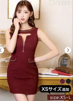 フロントジップグリッターノースリーブタイトミニドレスMサイズ ワインレッド