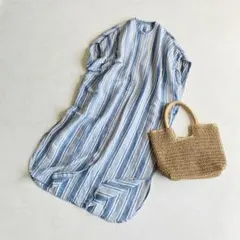 FORK＆SPOON ストライプ リネンレーヨン ワイド シャツワンピース