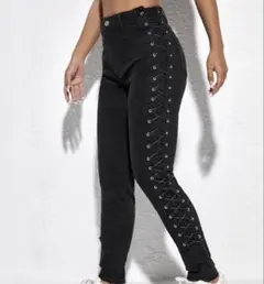 シーイン　レースアップ　ハイウエストデニムスキニーパンツ　黒