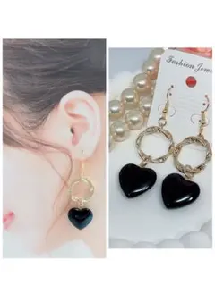 ハンドメイドピアス❤️大人可愛い❤️ツイストリング×チェコガラス黒ハートピアス❤️