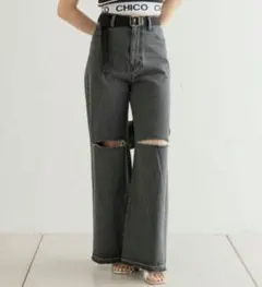 chico✨チコ ダメージ ワイド パンツ デニム ブラック 膝カットアウト