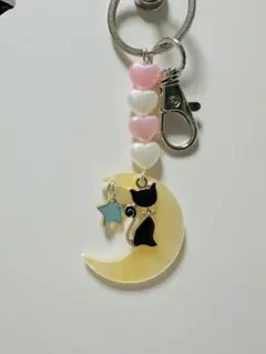 月猫 ハートパール ビーズ 星 キーホルダー バッグチャーム ハンドメイド