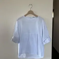 ZARA 異素材切り替えTシャツ 水色 ストライプ バックプリントのサムネイル