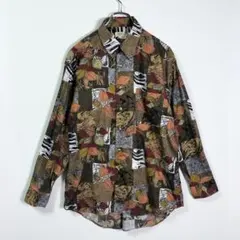 美品 デザインシャツ 総柄 ボタニカル 葉 マルチカラー L相当 茶