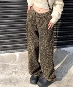 レディース デニムパンツ レオパード柄 ワイド