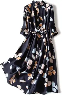 新品未使用 シャツワンピース 花柄 ベルト付き 長袖 Aライン 春夏 レディース