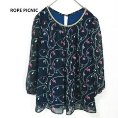 ロペピクニック　シアーブラウス　七分袖　ネイビー　総柄　М
