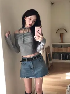 タイ付きドレープショート丈リブトップス[dk1373]