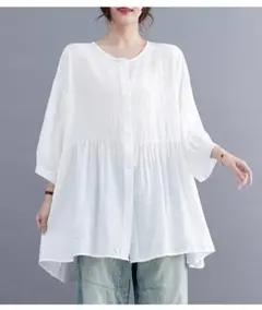 ラウンドネック 無地 大きいサイズ ブラウス ボタン 着痩せ カジュアル