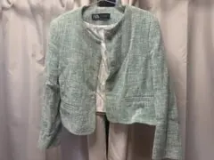 ZARA ノーカラー ツイードジャケット グリーン L