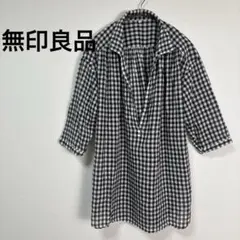 【美品】無印良品 ギンガムチェック チュニック ブラウス 7分袖 M 黒 白のサムネイル