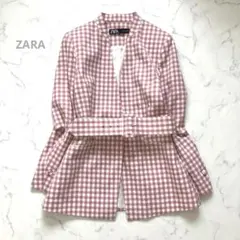 ZARA ギンガムチェック ノーカラージャケット ベルト付き 美シルエット M