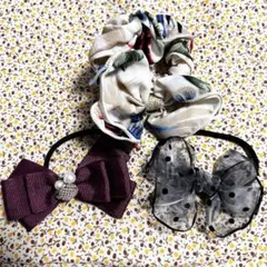 ヘアゴム シュシュ セット（パープル ブラック ホワイト）ボタニカル リボン