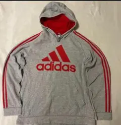 adidas ビッグロゴ パーカー 3ライン グレー×レッド L 裏起毛 赤