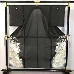 アンティーク着物 夏着物 黒留袖 絽 散歩着 貝桶 金駒刺繍 AK-5117