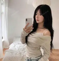 ベージュ ドレープデザイン 長袖トップス