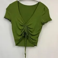 【お腹チラ見せ♡♡】オリーブグリーン フロントギャザー Tシャツ Sサイズ