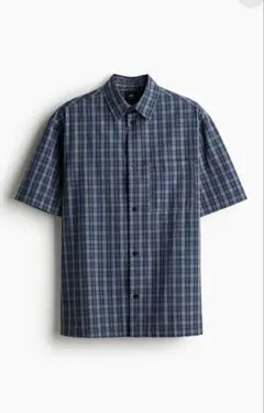 H&M ルーズフィット チェック半袖シャツ ネイビー系