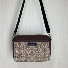 スクエア ショルダーバッグ ポシェット 茶（帆布）×ダマスク柄 ハンドメイド