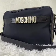 美品 モスキーノ ショルダーバッグ 2ルーム ロゴ メタル ブラック ナイロン