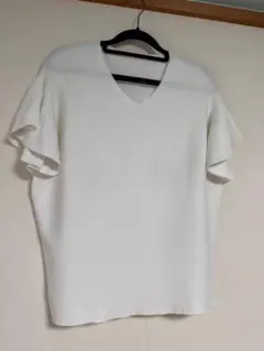 【美品】三陽商会 フリルスリーブ Vネック サマーニット ホワイト 40（L）のサムネイル