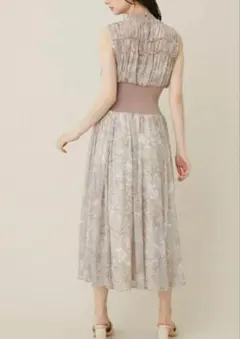 【リエンダ】 ノースリーブギャザーロングワンピース 花柄 シフォン ウエストリブ