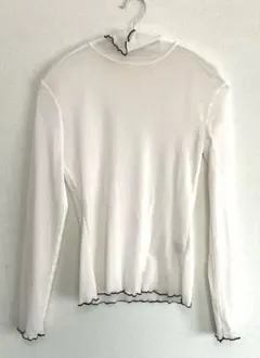 フリル付き　シアーハイネック長袖トップス 白　ホワイト　モノトーン　L