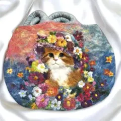 【レア❤️】ショルダー　油絵風　羊毛立体フェルトバッグ　猫バッグ　A4対応