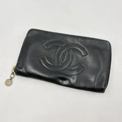 シャネル デカココ がま口長財布 キャビアスキン 黒 チェーン