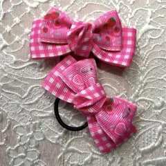 ストロベリーチェックリボンヘアゴムセット