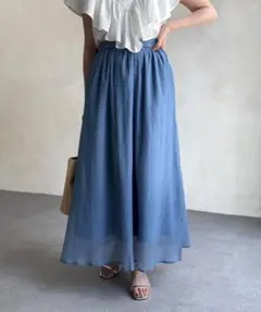 新品タグ付き　シェトワ　セミ　シアー　フレア　　スカート　ブルー　ウエストゴムのサムネイル
