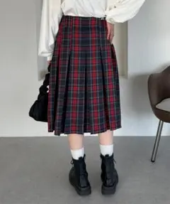 チェック柄プリーツ膝丈スカート