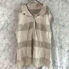 9624 襟付きジャガード メッシュベスト　グレー　ラメ花柄　羽織　古着　L軽量
