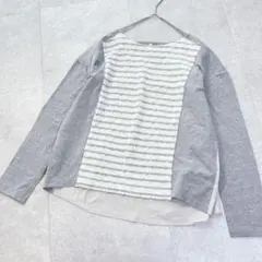 エアパペル カットソー ボーダー柄 異素材切替 レイヤード風 グレーのサムネイル
