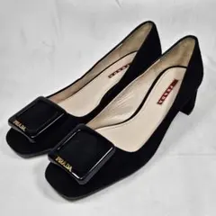 PRADA パンプス チャンキーヒール スエード スクエアバックル ブラック