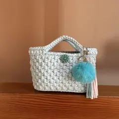 ライトブルー×ロシアヤーン　ズパゲッティ マルシェバッグ