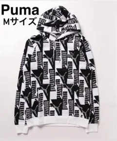 【人気柄】PUMA プーマ パーカー Mサイズ 白黒 モノトーン ロゴ総柄