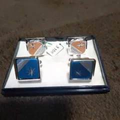 昭和レトロ　青とオレンジの星模様カフスボタンセット