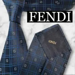 【美品】FENDI フェンディ　ネイビー　ズッカ柄　格子柄　シルクネクタイ