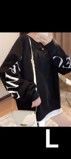 ★人気！★ レイヤード風 トップス　プルオーバー ロンT　ブラック　L