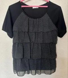 【匿名配送】ドット柄 ティアードTシャツ 半袖トップス 黒 サイズ38