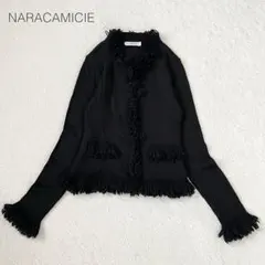 【ナラカミーチェ】ウール混ニットカーディガン 長袖 フリンジ ループ 秋冬 黒のサムネイル